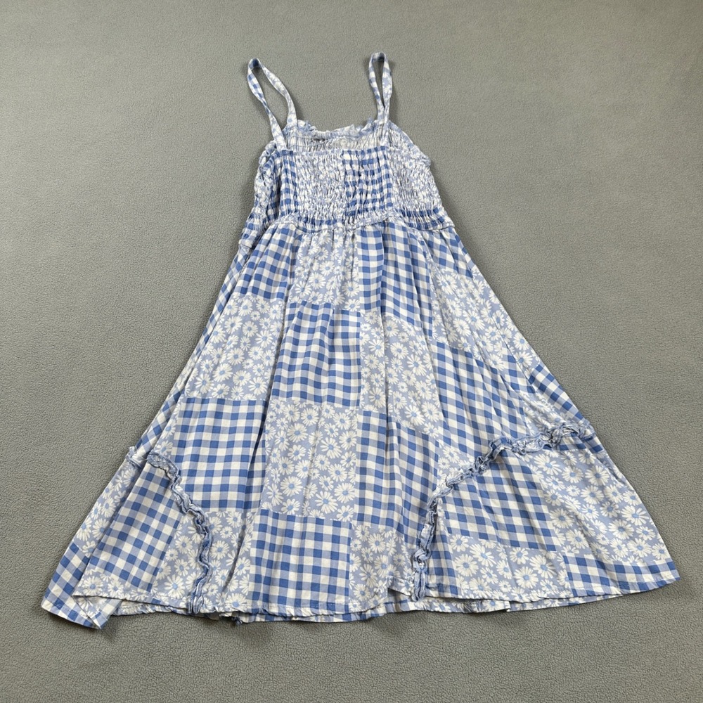 Btween Sundress Girls 12 Blue Gingham Daisy Patchwork Smocked Bodice Tie Dress - Picture 2 of 7
